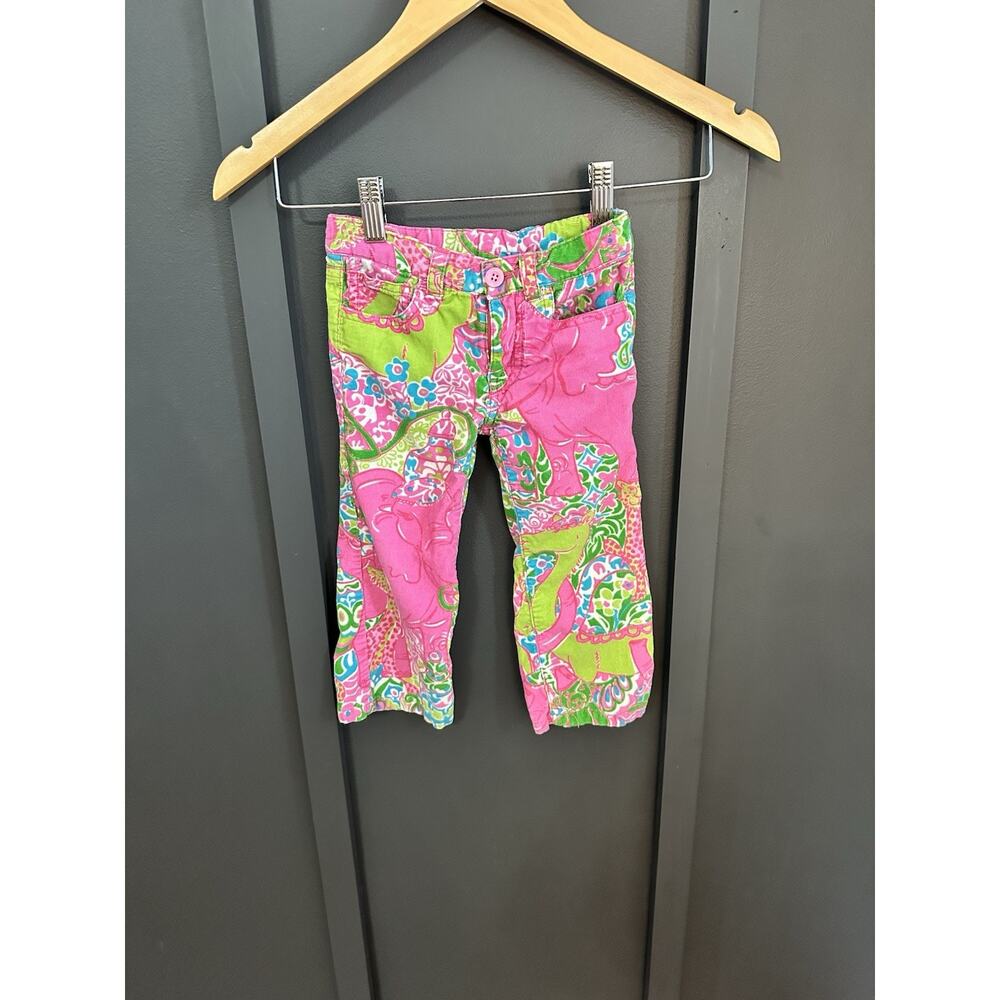 Lilly Pulitzer girls' vintage capri pants vibrant pink and green lion print Sz 2